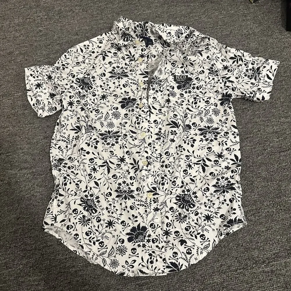 Boys Polo Ralph Lauren Skull Print Floral Black White Button Up Short Sleeve S